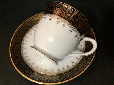 早期 日本製 絕版 0107 Noritake 則武 日本皇室 白瓷 骨瓷 瓷器 🌺描金花瓣黑帶🌺 咖啡杯 茶杯 紅茶杯
