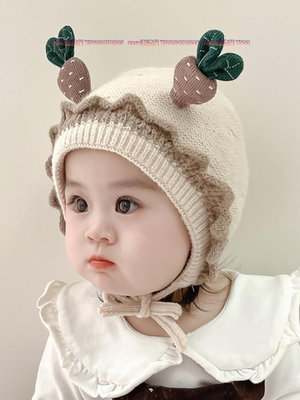 嬰兒帽子秋冬季套頭帽嬰幼兒護耳帽女寶寶公主花邊可愛超萌毛線帽-zero潮流屋