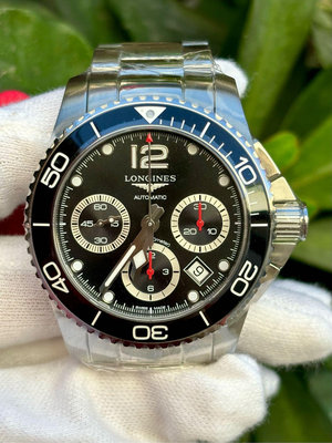 浪琴 LONGINES 型號L37834566 黑面 深海征服者系列 浪鬼陶瓷 三眼計時潛水腕錶 鋼帶款 錶徑41 mm 全新未使用品
