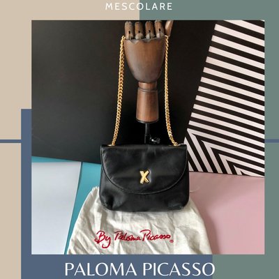 售罊mescolare二手精品Paloma Picasso 80-90年代復古vintage金鏈條包真皮肩背包腋夾包黑金配色