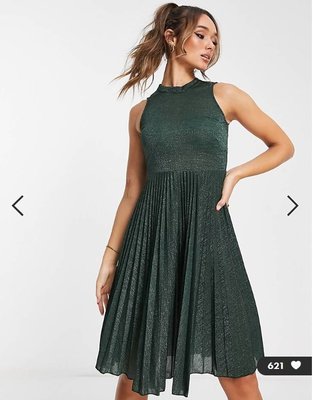 (嫻嫻屋) 英國ASOS-Closet金屬光澤綠色高領百褶中長裙洋裝禮服AC24
