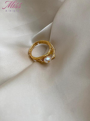 E280輕奢精致洋氣金色多層纏繞紋理感ins小眾巴洛克珍珠戒指-Miss木木女裝