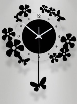 歐美進口 創意藝術造型鐘擺時鐘 飛舞花蝶掛鐘擺鐘 牆上靜音時鐘蝴蝶花朵搖擺掛鐘牆鐘餐廳居家時鐘牆面裝飾鐘