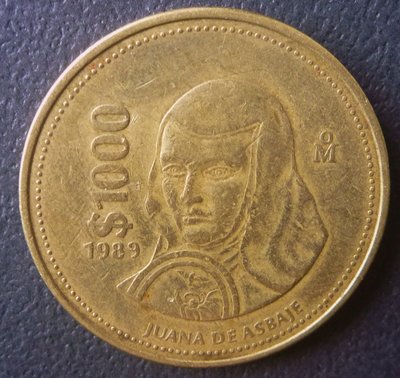 922大型墨西哥1989年黃金色胡安娜修女(1000披索)錢幣乙枚。31mm..(稀少.美品.保真).
