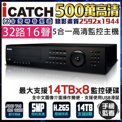 可取 ICATCH H.265 32路主機 500萬 DVR 5MP 4K高畫質 16聲 監控主機 監視器 五百萬