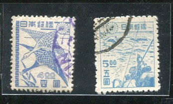 日本郵票#19042528 , 初雁、捕鯨 , 舊票2枚 , 1947 , 品相如圖