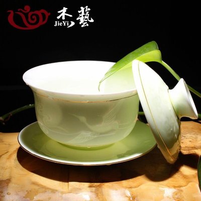現貨熱銷-茶杯 茶盤 茶具 杰藝陶瓷影雕蓋碗 青瓷浮雕茶碗三才碗 大號白瓷功夫茶具泡茶碗