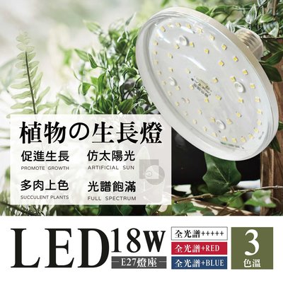 【四方圓LED照明】LED植物燈泡 18W E27燈頭 全光譜/紅多/藍多 植物生長燈 一年保固 台灣現貨 補光燈 燈泡