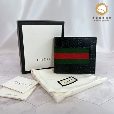 【雪曼國際精品】GUCCI Guccissima 黑色牛皮LOGO壓紋綠紅綠織帶系列對折8卡短夾~新品現貨