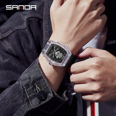SANDA三達新款7051熱銷石英手錶時尚潮流炫酷鑲磚點綴骷髏頭腕錶