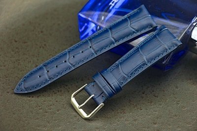 進口19mm收16mm 高級感！真皮壓鱷魚皮紋錶帶,armani蕭邦chopard錶可代用,藍色