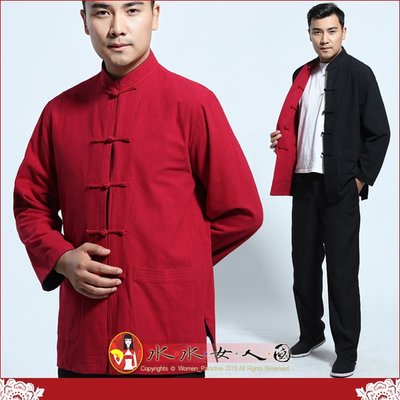 中國風男士唐裝 復古中式男裝書卷氣質棉麻上衣男雙面可穿長袖外套-黑配紅-水水女人國