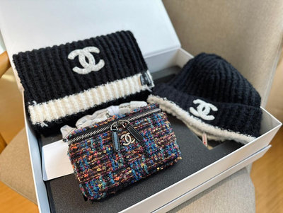 【二手】香奈兒Chanel 毛呢愛心金球盒子包鏈條包針織帽子針織圍巾  組