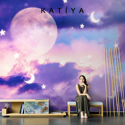 Katiya夢幻紫色墻布月亮星星兒童房壁紙可愛壁畫全屋定制女孩公主