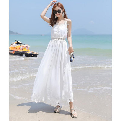 禮服 洋裝鏤空蕾絲洋裝 夏季女神感白色波希米亞雪紡 長洋裝 I029 禮服