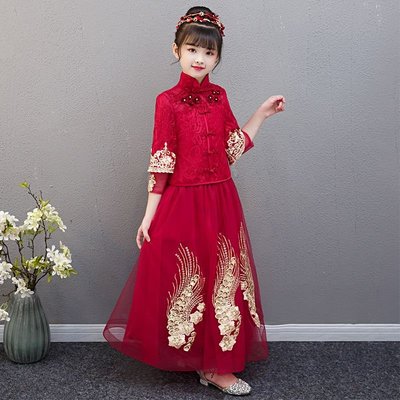 花童洋裝 婚紗禮服 洋裝禮服 禮服小洋裝 女童連身裙週歲女童紅色旗袍拜年服2022新款兒童中國風唐裝秀禾服女孩新年