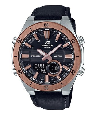【CASIO專賣】ERA-110GL-1A 不鏽鋼錶殼搭配黑色真皮錶帶，而錶圈分別利用黑色及玫瑰金IP處理完成
