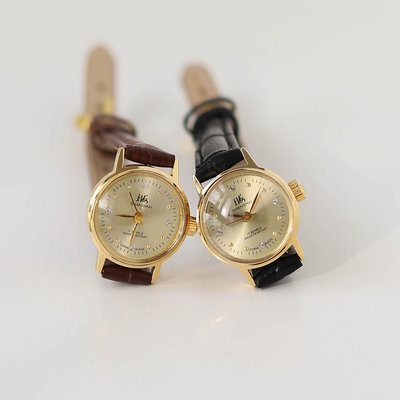 中古風手錶vintage產復古鍍金小金表黑色真皮表帶手動機械女表盤90年代