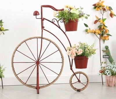北歐懷舊腳踏車造型花架 金屬復古自行車擺飾收納置物層架 鐵製單車裝飾2層格花器 鐵馬花店園藝植物花盆栽展示花車 婚禮布置