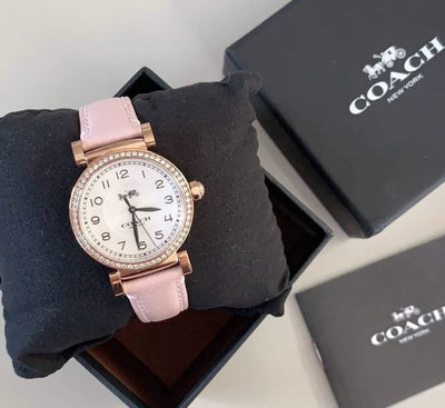 COACH Madison 玫瑰金色水鑽圈 白色面錶盤 粉色真皮皮革錶帶 石英 女士手錶 14503395