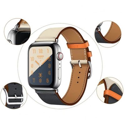 適用蘋果手錶真皮錶帶Apple watch 8代7代皮質錶帶 iwatch 45678代愛馬仕真皮錶帶 單圈雙色錶帶