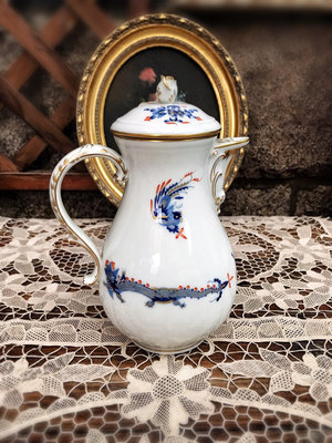 德國Meissen梅森 藍色御龍鳳紅頂咖啡壺 一等品 手繪描