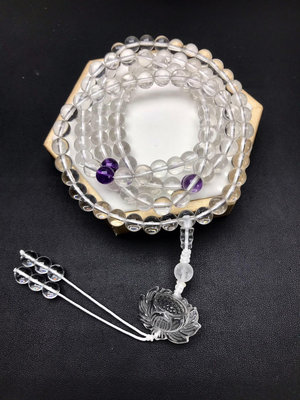 天然水晶蓮花108顆佛珠手鍊 尺寸約8.2毫米 帶3顆紫水晶
