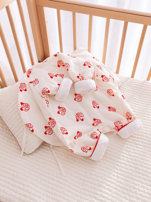 新生嬰兒衣服秋冬季夾棉哈衣薄棉滿月寶寶連體衣紅色和尚服拜年服