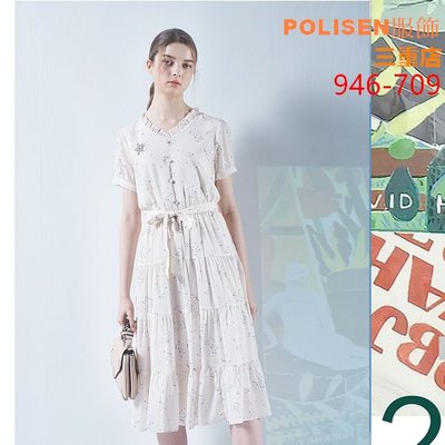 POLISEN聖路加設計師服飾(946-709)v領星星圖案腰鬆緊荷葉袖造型雪紡洋裝原價3990元特價998元