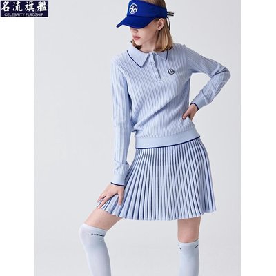 高爾夫女裝 韓國高爾夫服裝女套裝長袖翻領上衣運動針織高彈性短裙網紅Polo衫-名流旗艦