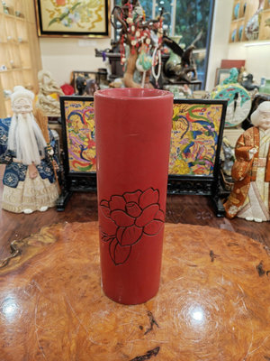 日本 漆器花瓶 堆朱 實木胎花瓶 花器 花入