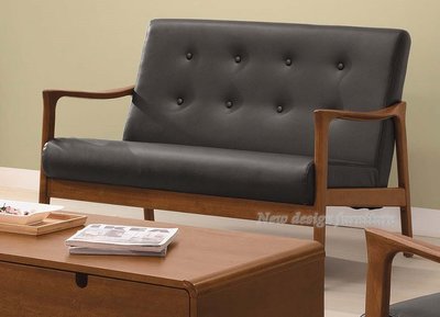 【N D Furniture】台南在地家具-日式橡膠木實木淺胡桃色椅架黑色透氣皮皮釦雙人沙發/二人沙發YH