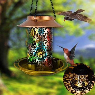 熱銷 新款喂鳥器太陽能戶外燈飾鐵藝花園掛件蜂鳥投食盤智能投光燈