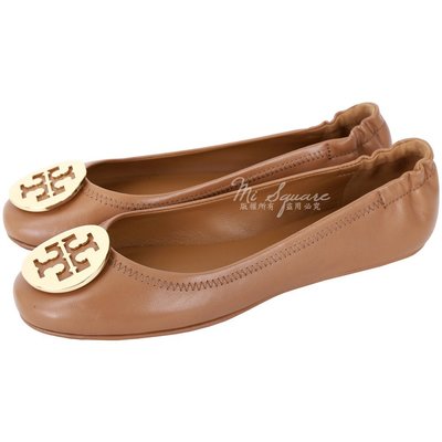 現貨熱銷-TORY BURCH Minnie Travel 圓弧金屬盾牌飾折疊平底鞋(棕色) 1730088-B3