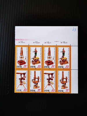 (C10615)德國1980年文物—早期顯微鏡(四方連)(帶邊紙)郵票4全2套