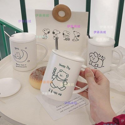 【伊藤商場】可愛日式簡約陶瓷杯創意個性潮流馬克杯帶蓋勺少女心水杯咖啡杯子