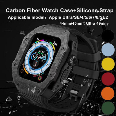 全館免運 碳纖維圖案錶殼於 Apple 錶帶 45 毫米 44 毫米 49 毫米矽膠腕帶於 Iwatch 系列 S8/7 可開發票