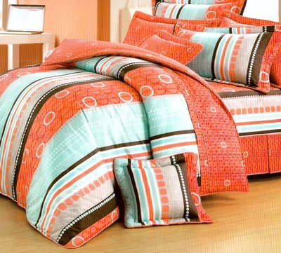 100%純棉_ 特大鋪棉床罩兩用被全套六件組。台灣製。6x7尺。6002桔
