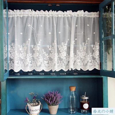 現貨 刺繡薄紗短簾 白色蕾絲花卉薄紗窗簾 適用於廚房衣櫃
