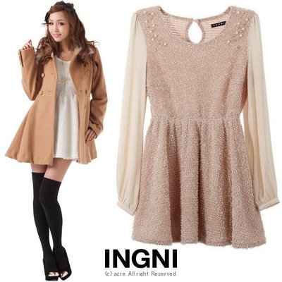 日本品牌INGNI肩珍珠綴飾混蔥毛呢質感傘狀黑色洋裝