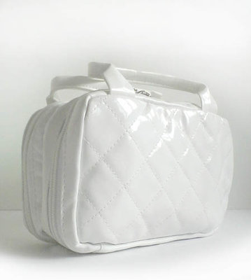 白色菱格紋雙層軟皮革多功能化妝包 手提彩妝刷具收納包 盥洗包