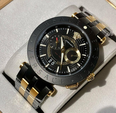 VERSACE V-Race 黑色面錶盤 金色配黑色不鏽鋼錶帶 石英 男士手錶 VEBV00619 凡賽斯腕錶