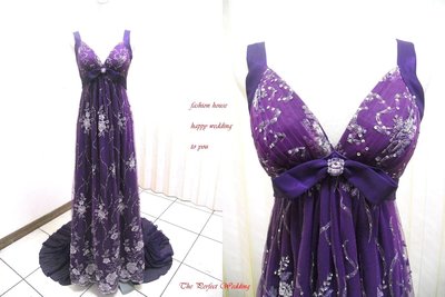 【時尚屋婚紗禮服】紫色露背水鑽蕾絲法式設計師A字造型款《二手禮服》～Ｂ６０２(歡迎預約試穿)