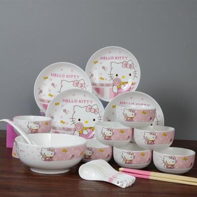 【上品居家生活】Hello Kitty 凱蒂貓 粉紅色系套裝餐具組 陶瓷骨瓷 禮品級 (8碗8匙8筷1湯碗1湯勺)