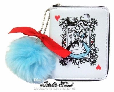 Ariel's Wish-日本東京迪士尼愛麗絲Alice紅色蝴蝶結天空藍色毛絨絨兔毛球拉鏈票卡零錢包悠遊卡夾-絕版品