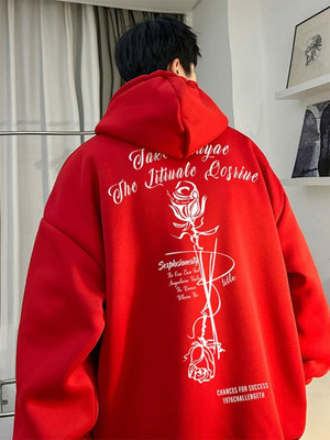 酒紅色500g重磅衛衣硬挺加絨加厚冬季美式復古玫瑰花卉連帽外套男~佳樂優選