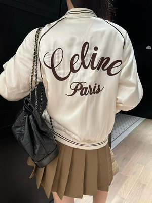 小Z代購#CELINE 23早秋新品輕盈質感絲質香檳金色棒球服 夾克外套 羅紋美式學院風減齡帥氣外套