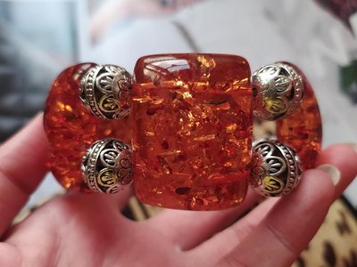 波羅的琥珀 韓國設計師款 黃金琥珀+鏤空雕錫鍍銀  手圍18cm 霸氣手環 手排