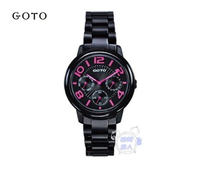 [時間達人]GOTO 躍色純粹時尚陶瓷手錶- 三眼手錶 星期 日期 IP黑x桃刻度(GC6106L-33-3F1)