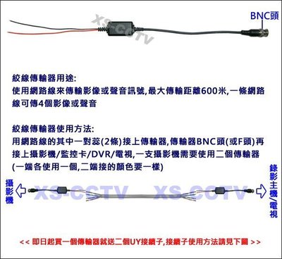 【XS-CCTV】網路線傳輸器(雙絞線傳輸器)(BNC頭)(送UY接續子) ~監視器材/監視系統/監視器攝影機專用